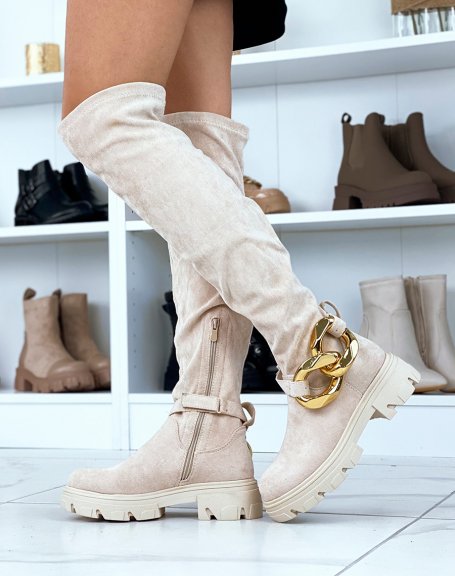 Beige suedette over-the-knee boots with golden chain