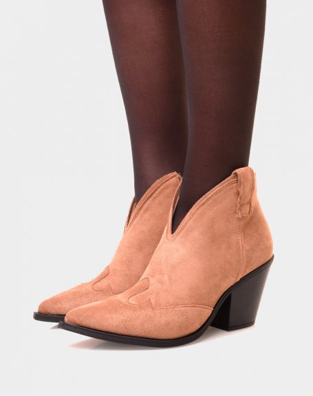 Beige suedette pointed toe and beveled heel ankle boots