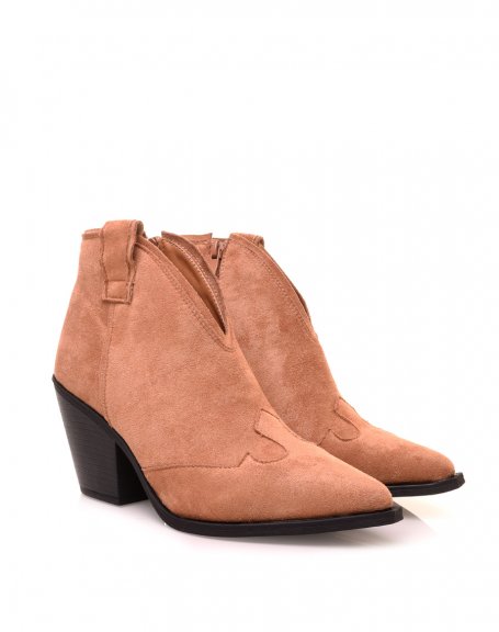 Beige suedette pointed toe and beveled heel ankle boots