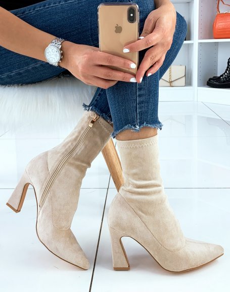 Beige suedette pointed toe heeled ankle boots