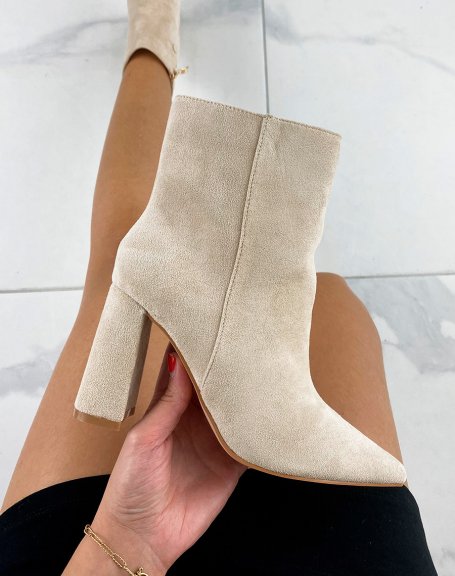 Beige suedette pointed toe heeled ankle boots