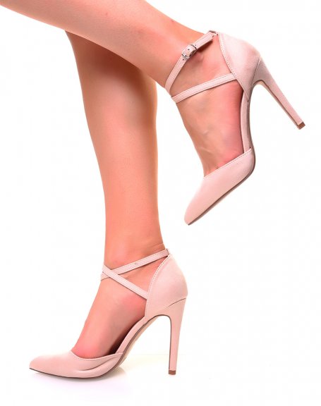 Beige suedette pumps with stiletto heels and crossed straps