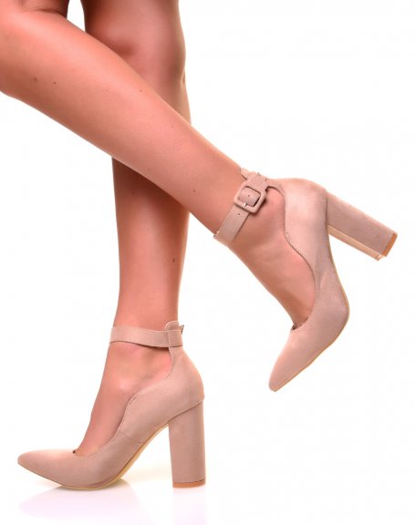 Beige suedette pumps with straps and chunky heel