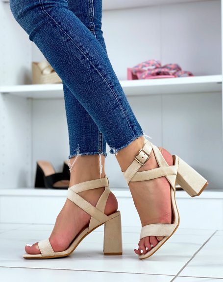 Beige suedette sandals with heel and criss-cross straps