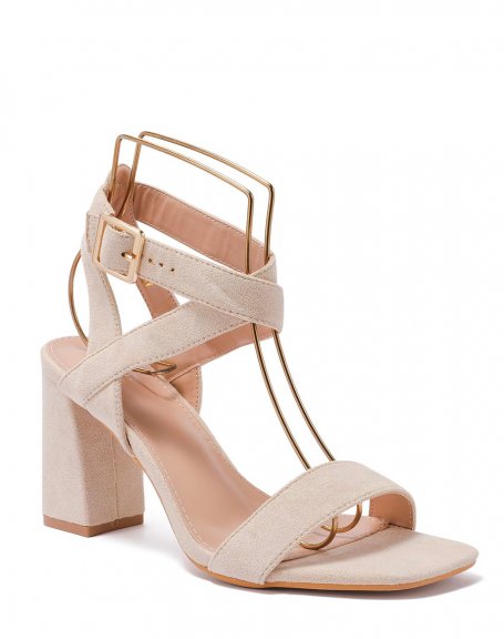 Beige suedette sandals with heel and criss-cross straps