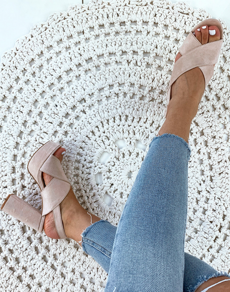 Beige suedette sandals with heel and crossed straps