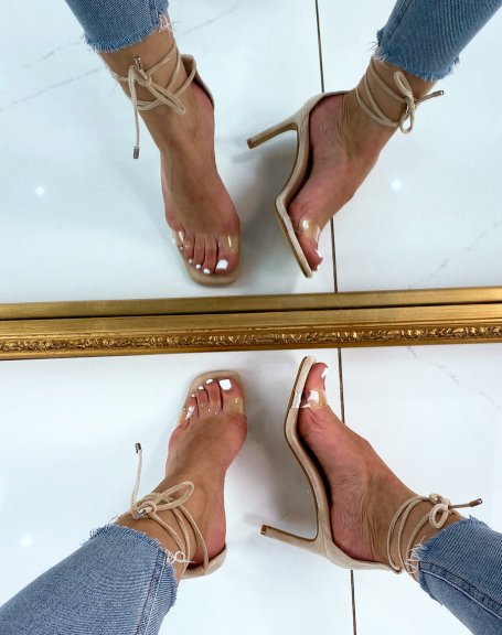 Beige suedette sandals with heel and transparent strap