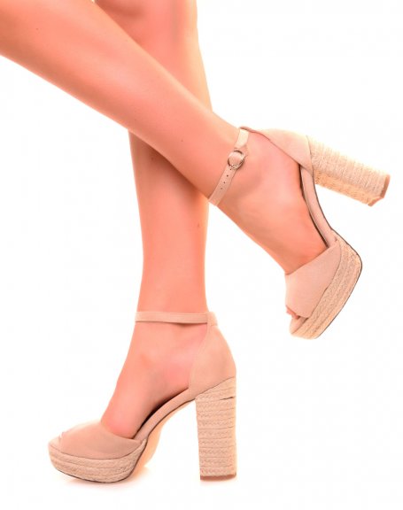 Beige suedette sandals with heels and rope platforms