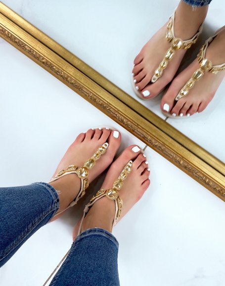 Beige suedette sandals with large golden jewels