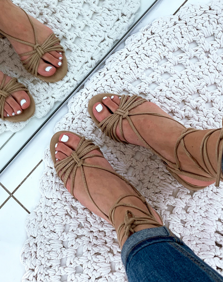 Beige suedette sandals with low heels and laces