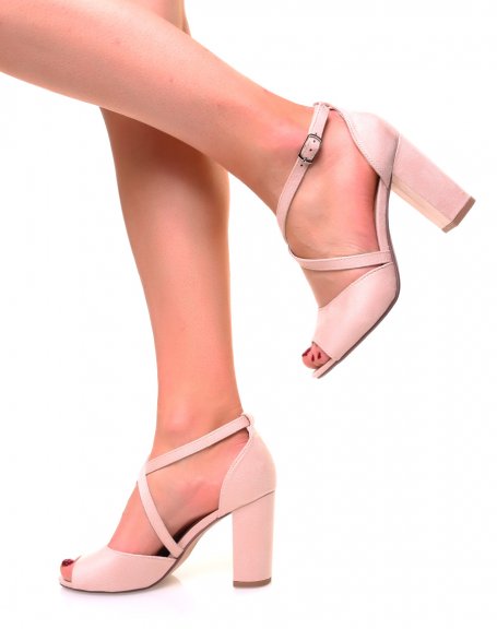 Beige suedette sandals with square heels and crossed straps