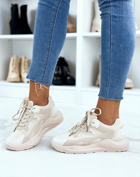 Beige suedette sneakers with inserts and chunky sole