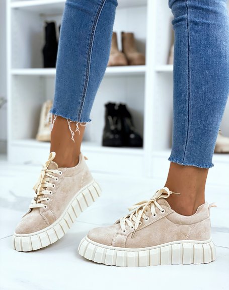 Beige suedette sneakers with laces and beige sole