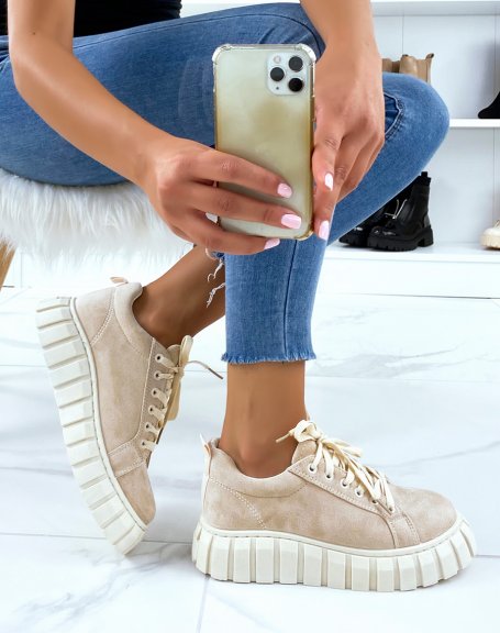 Beige suedette sneakers with laces and beige sole