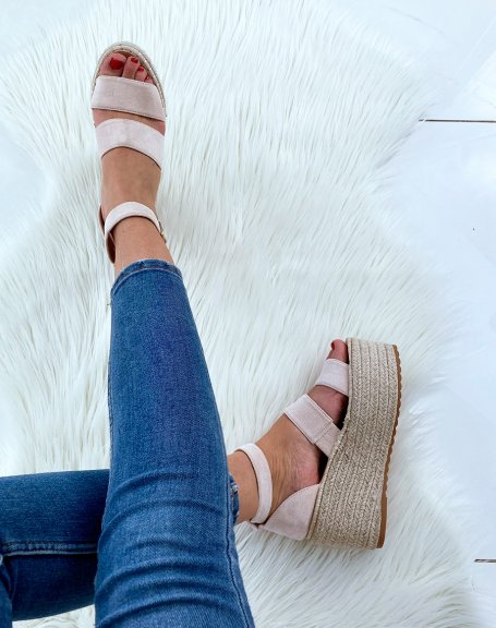 Beige suedette wedge sandals with multiple straps