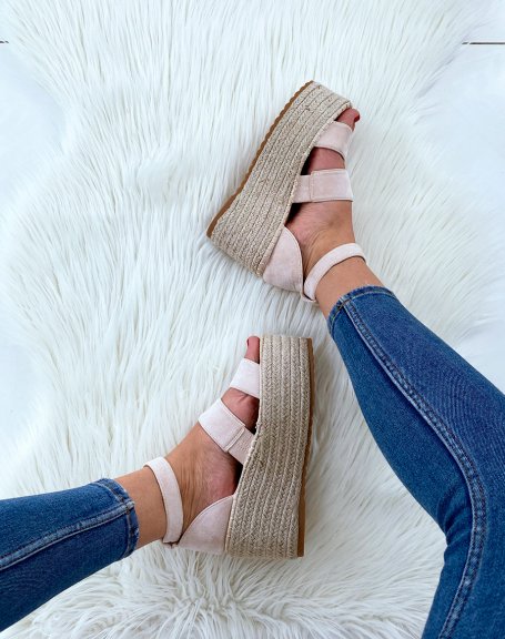 Beige suedette wedge sandals with multiple straps