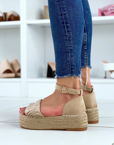 Beige suedette wedge sandals with thick pleated strap