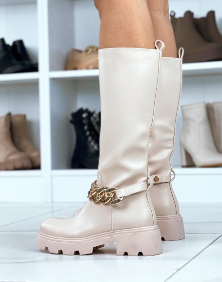 Beige tall boots with golden chain
