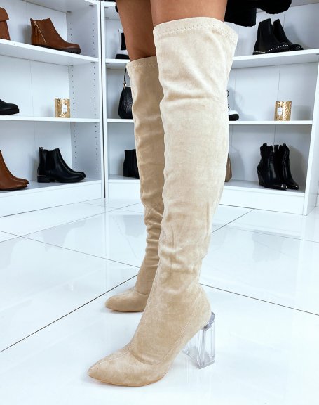 Beige thigh-high boots with transparent heel and pointed toe