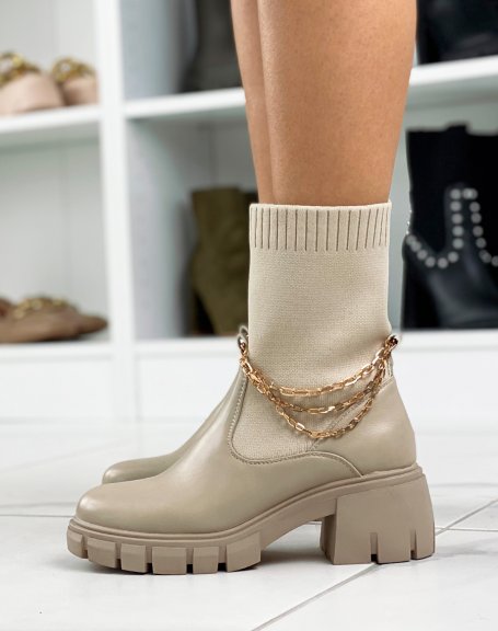 Beige Triple Chain Sock Heel Ankle Boots