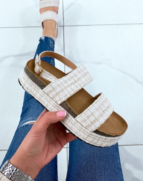 Beige tweed flat sandals