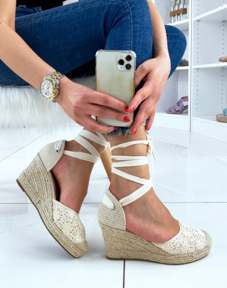 Beige wedge espadrilles with long straps