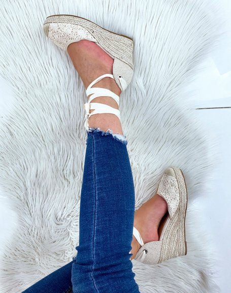 Beige wedge espadrilles with long straps