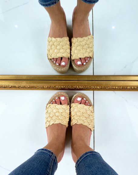 Beige wedge mules with wide braided strap