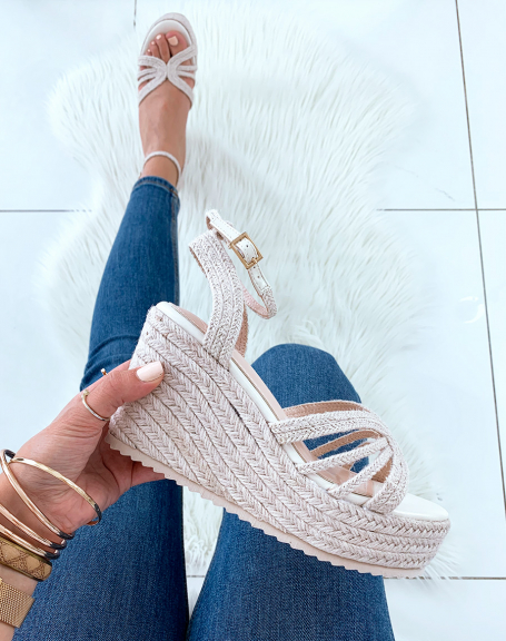Beige wedge sandals with chunky platforms
