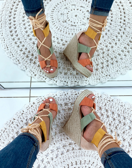 Beige wedge sandals with cord lace on ankle