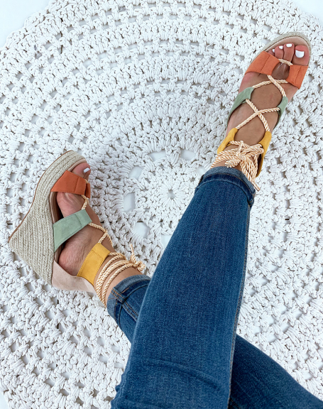 Beige wedge sandals with cord lace on ankle