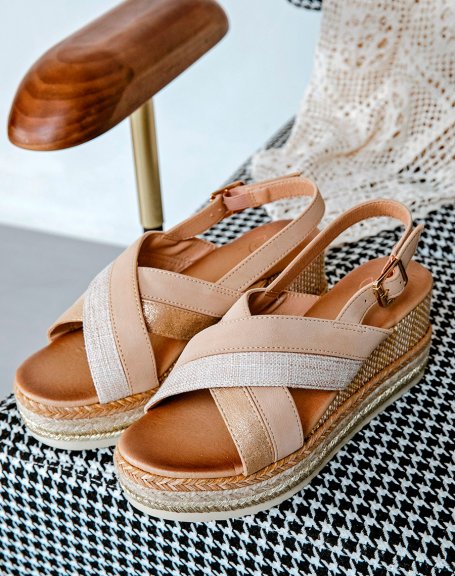 Beige wedge sandals with crossed tweed straps and decorated sole