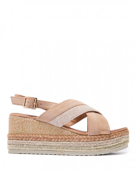 Beige wedge sandals with crossed tweed straps and decorated sole