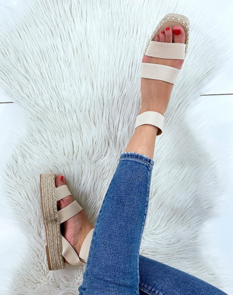 Beige wedge sandals with elastic straps