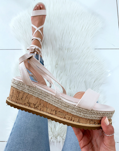 Beige wedge sandals with laces