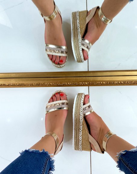 Beige wedge sandals with multiple glitter details