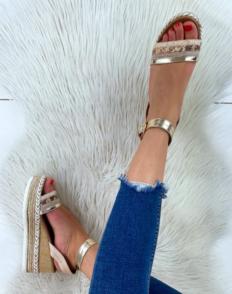Beige wedge sandals with multiple glitter details