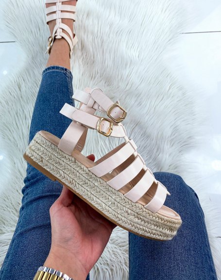 Beige wedge sandals with multiple straps