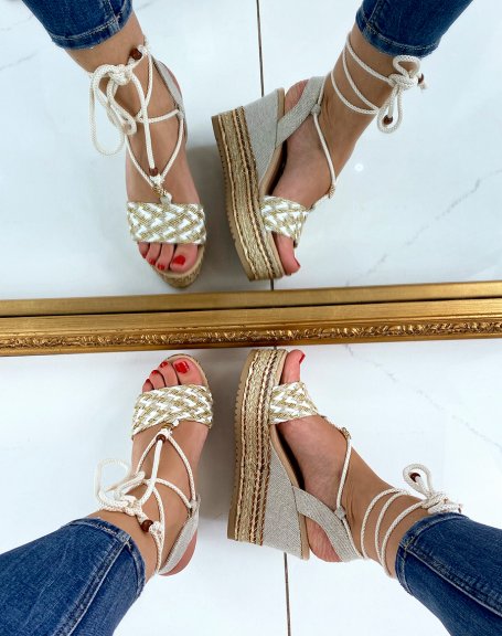Beige wedges with golden lace details