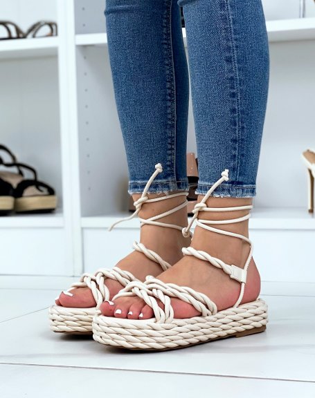 Beige wedges with long straps and braided sole