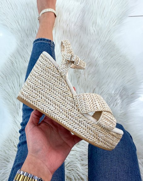Beige wedges with straps and jute canvas sole