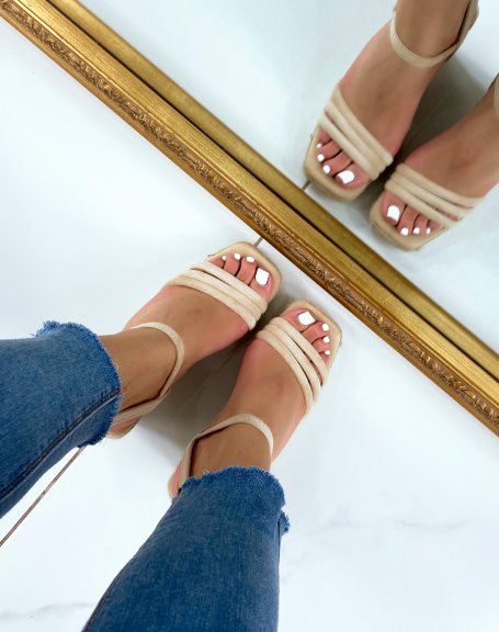Beige wedges with triple straps and square heel