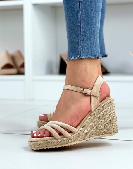 Beige wedges with triple straps and square heel