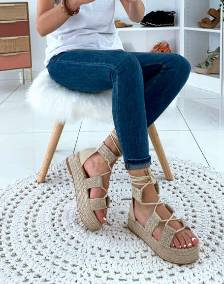 Beige wicker lace-up platform slippers