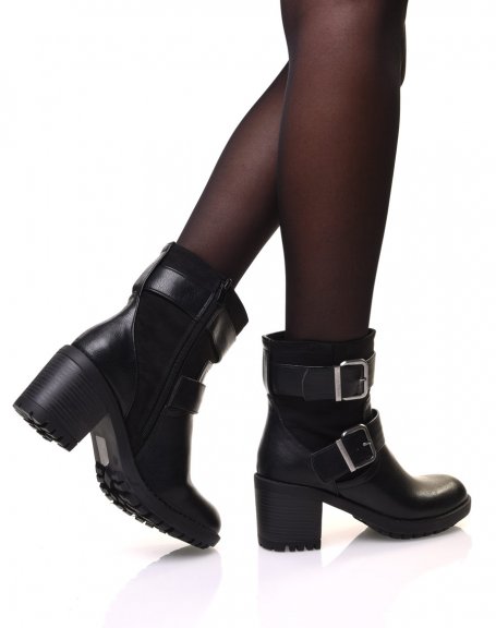Bi-material ankle boots with black straps with heel
