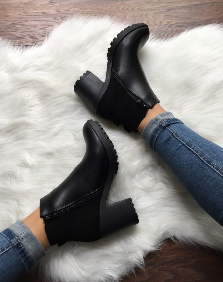 Bi-material ankle boots with double buckles