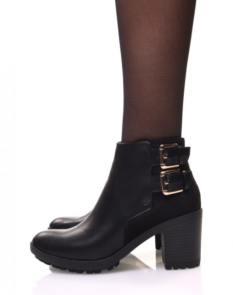 Bi-material ankle boots with double buckles