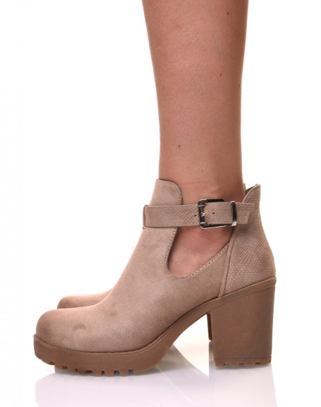 Bi-material beige ankle boots