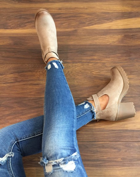 Bi-material beige ankle boots