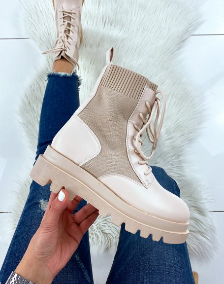 Bi-material beige ankle boots with laces